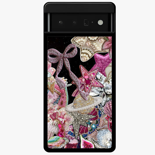 Starlit Jewel Dream Glass Case showing flat back view with sparkling jewel and star themed artwork and glossy glass finish.