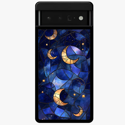 Starlit Sky Tapestry Glass Case showing flat back view with decorative starry sky tapestry artwork and glossy glass finish.