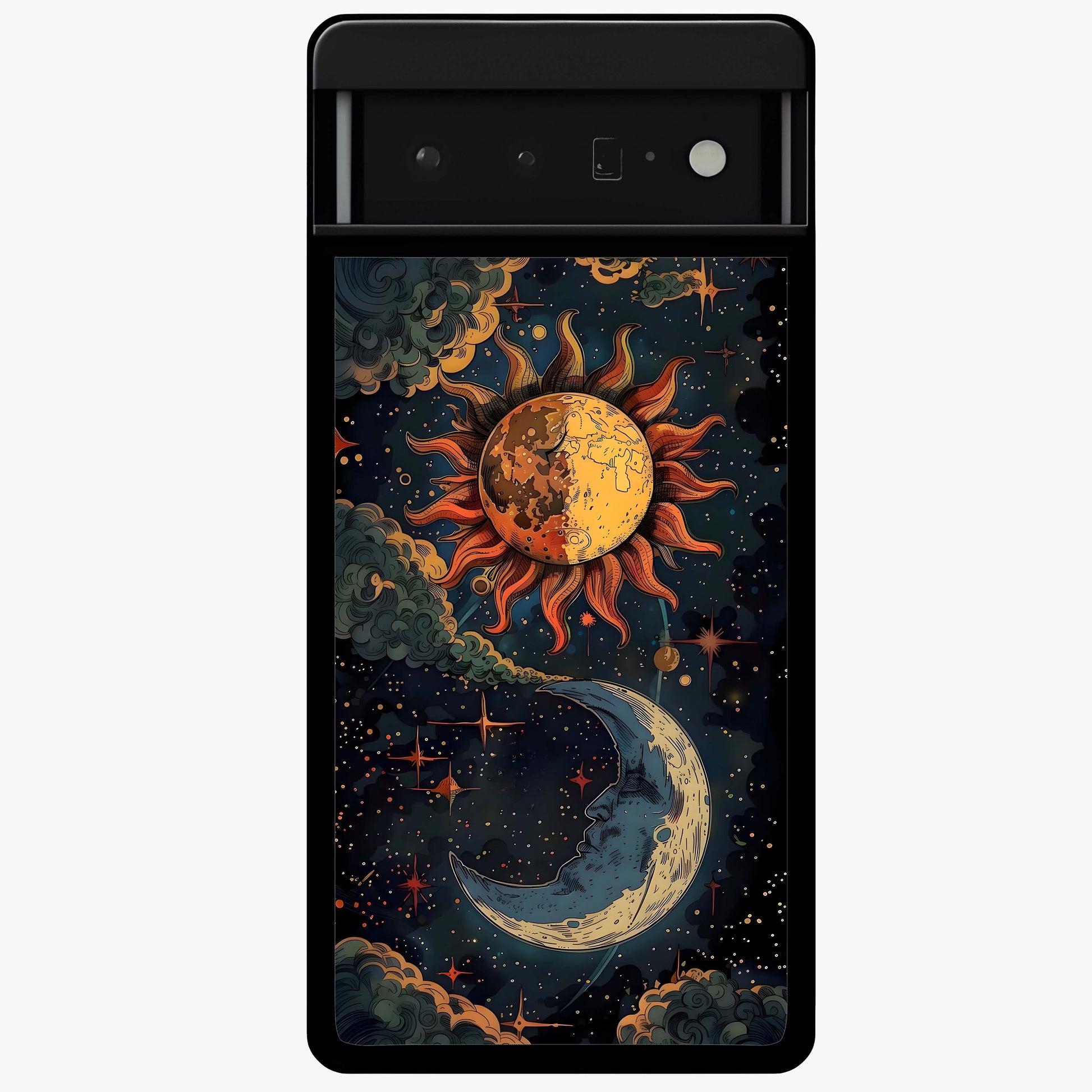 Sun And Moon Magic Design Glass Case showing flat back view with mystical sun and moon artwork and glossy glass finish.