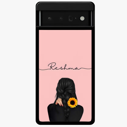 Sunflower Braid Beauty With Custom Name Glass Case showing flat back view with sunflower braid artwork and personalized name design.