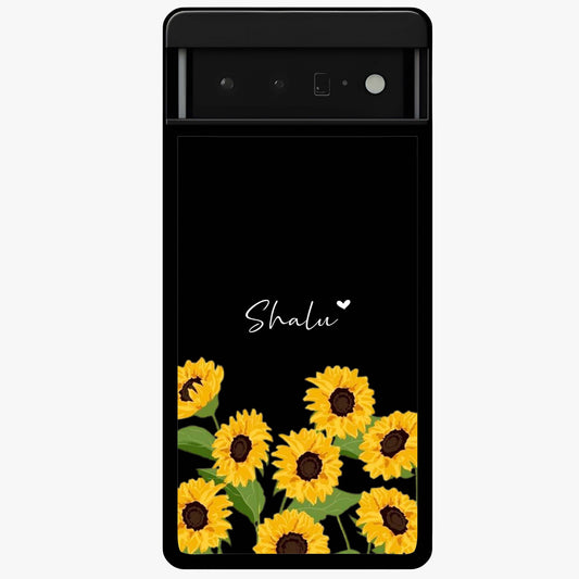 Sunflower Chic Mood Custom Name Glass Case showing flat back view with stylish sunflower artwork and personalized name design.