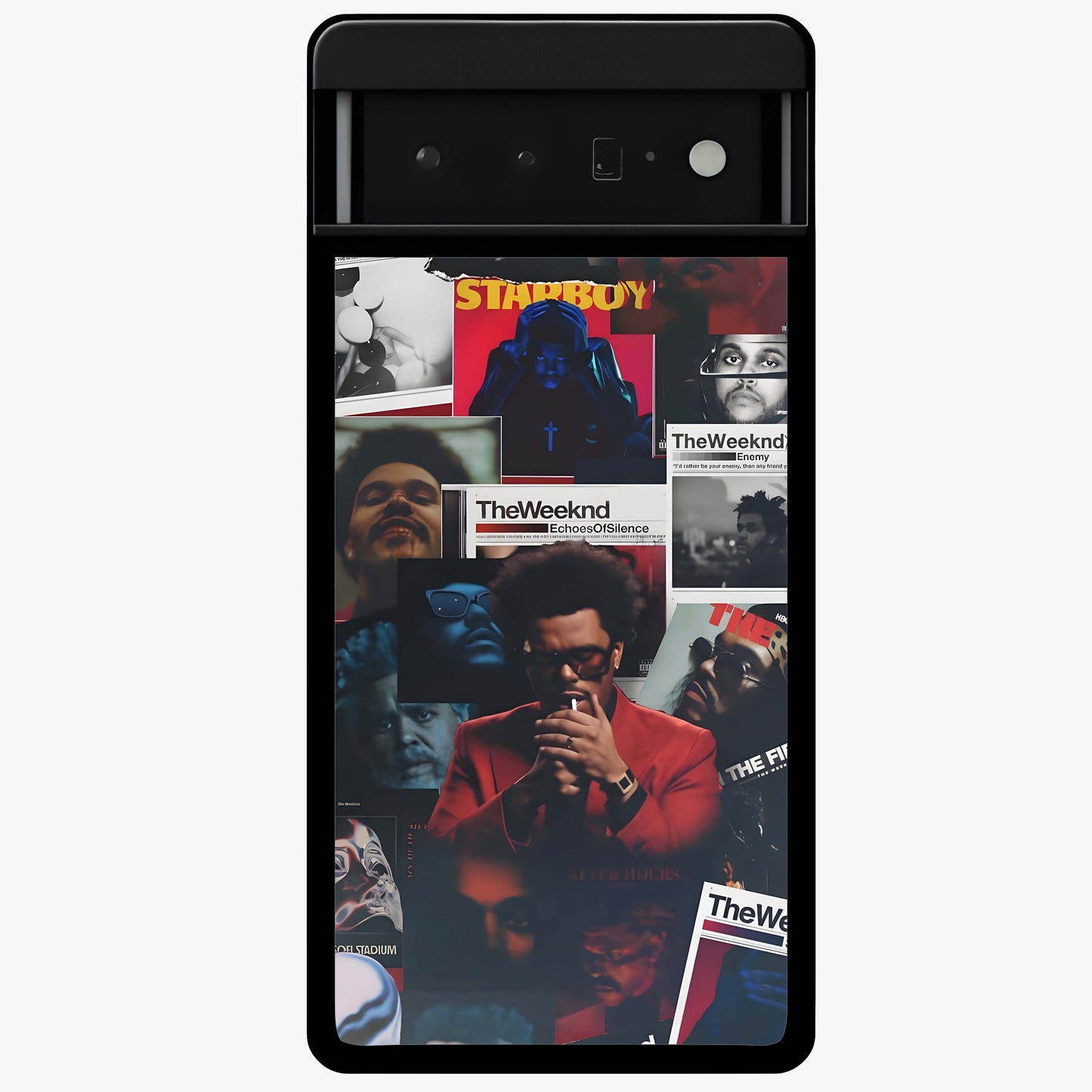 The Weeknd Glass Case showing flat back view with music inspired artistic portrait artwork and glossy glass finish.