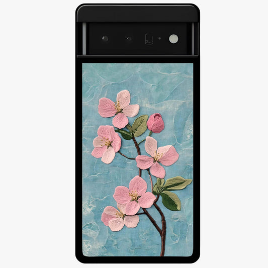 Threaded Blossom Breeze Glass Case showing flat back view with delicate blossom artwork and glossy glass finish.