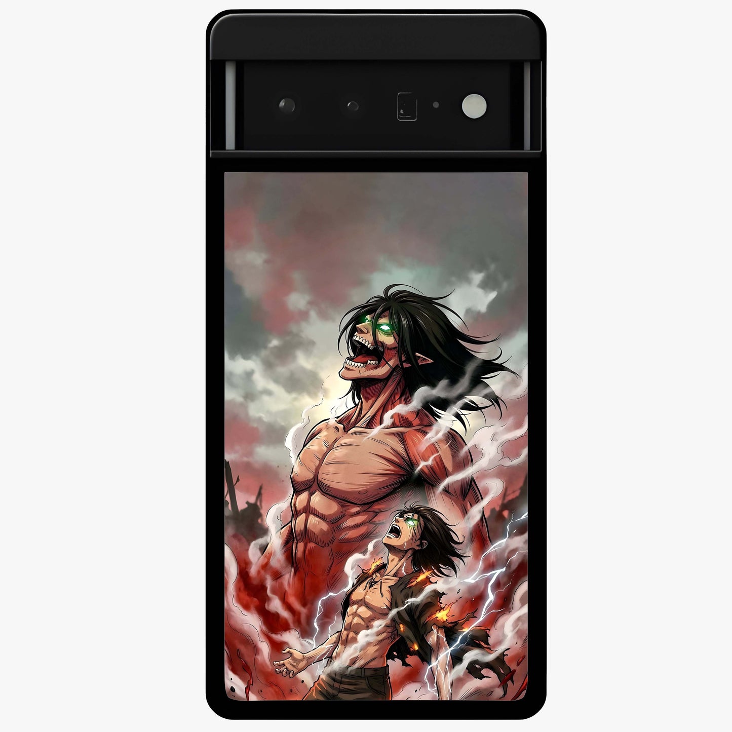 Titan Awakening Fury Glass Case showing flat back view with powerful titan inspired artwork and glossy glass finish.