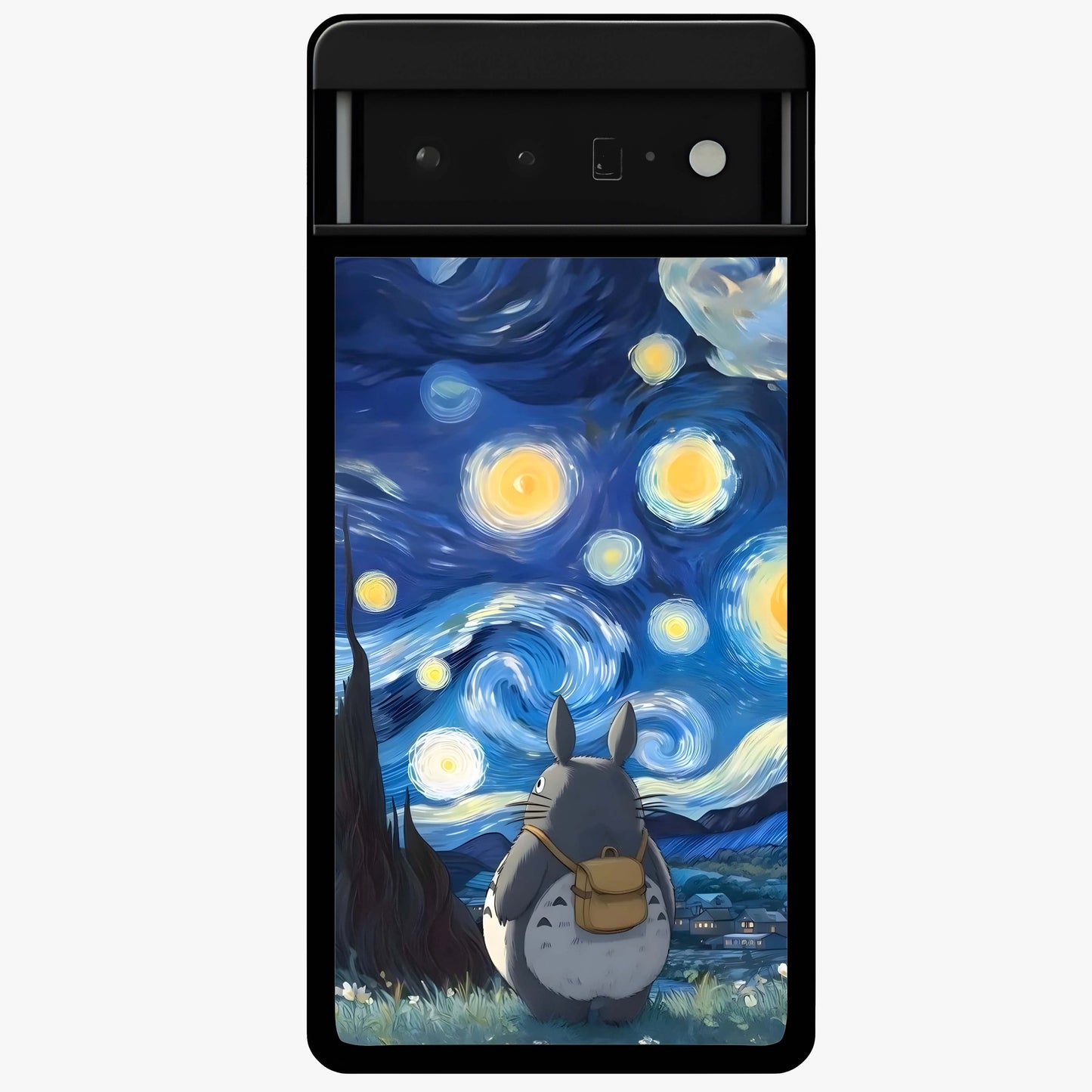 Totoro In Van Gogh Art Glass Case showing flat back view with whimsical character artwork inspired by Van Gogh style and glossy glass finish.