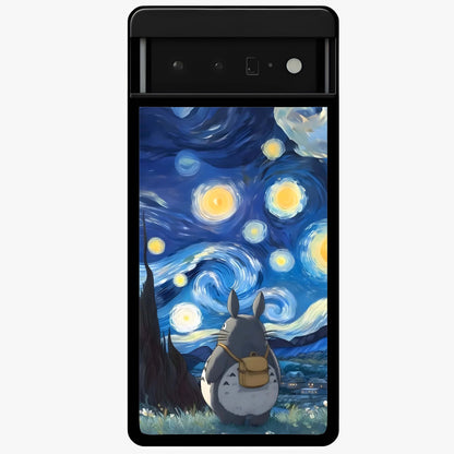 Totoro In Van Gogh Art Glass Case showing flat back view with whimsical character artwork inspired by Van Gogh style and glossy glass finish.