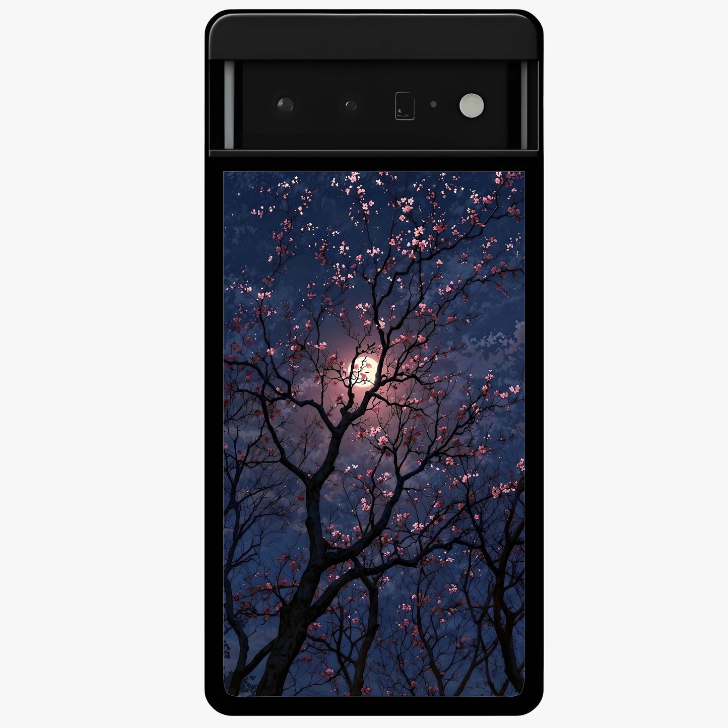 Twilight Sakura Serenade Glass Case showing flat back view with cherry blossom artwork at twilight and glossy glass finish.