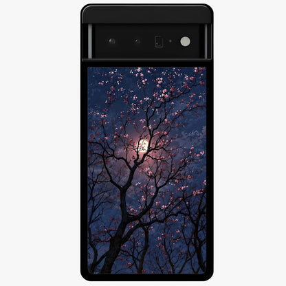 Twilight Sakura Serenade Glass Case showing flat back view with cherry blossom artwork at twilight and glossy glass finish.