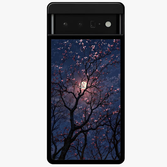 Twilight Sakura Serenade Glass Case showing flat back view with cherry blossom artwork at twilight and glossy glass finish.
