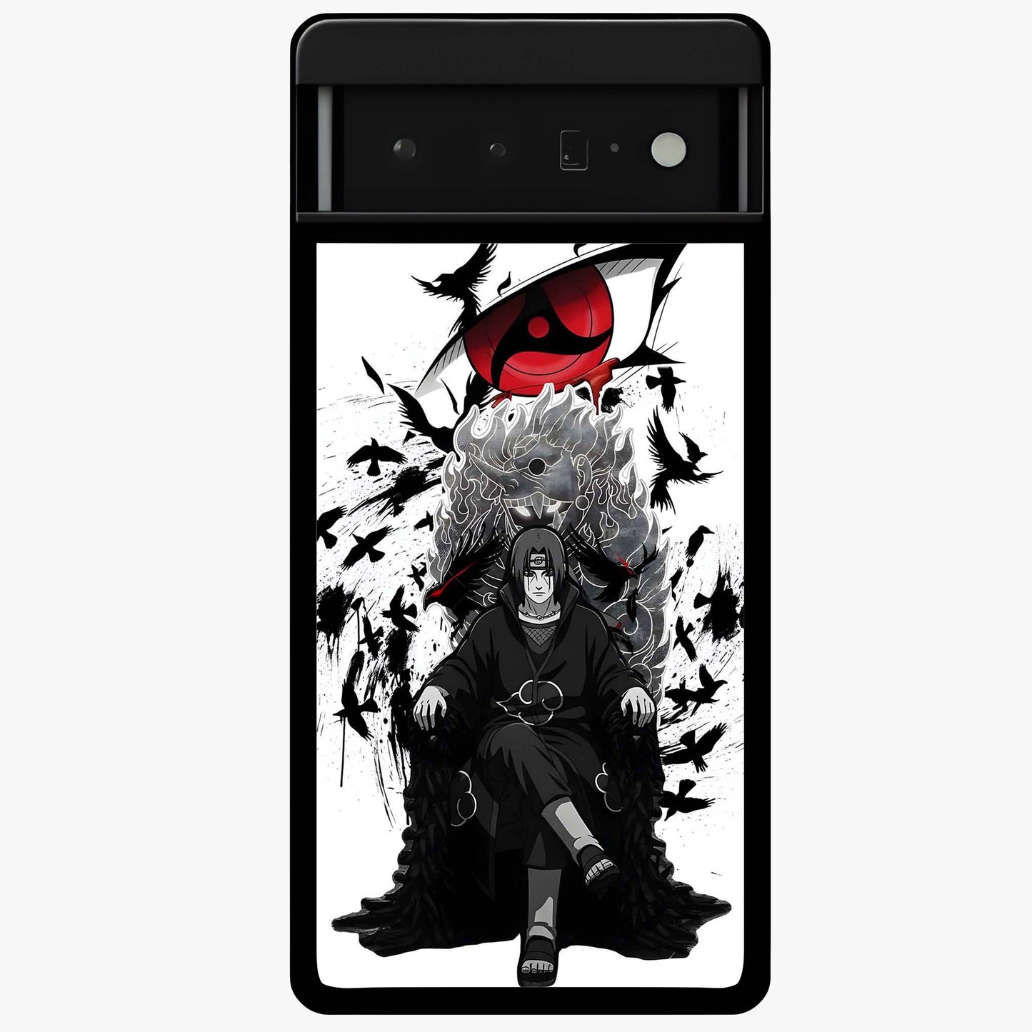 Uchiha Shadow Throne Glass Case showing flat back view with cosmic underwater themed artwork and glossy glass finish.
