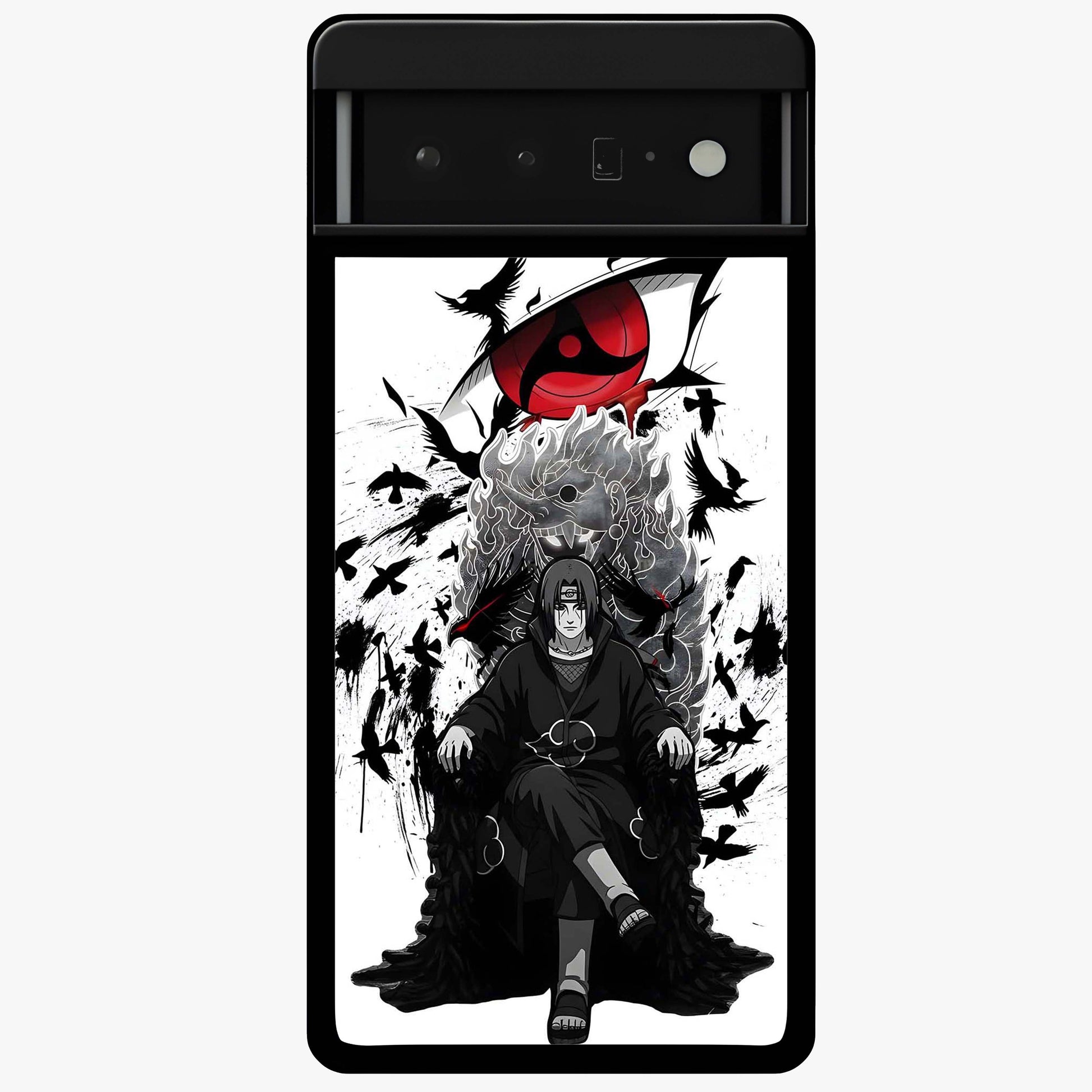 Uchiha Shadow Throne Glass Case showing flat back view with cosmic underwater themed artwork and glossy glass finish.