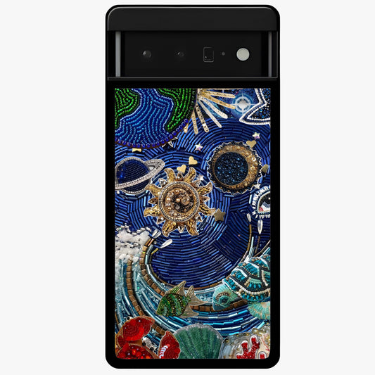 Universe Underwater Spark Glass Case showing flat back view with cosmic underwater themed artwork and glossy glass finish.