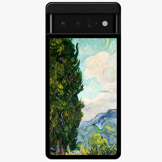Van Gogh Vintage Art Glass Case showing flat back view with vintage painterly artwork inspired by Van Gogh style and glossy glass finish.