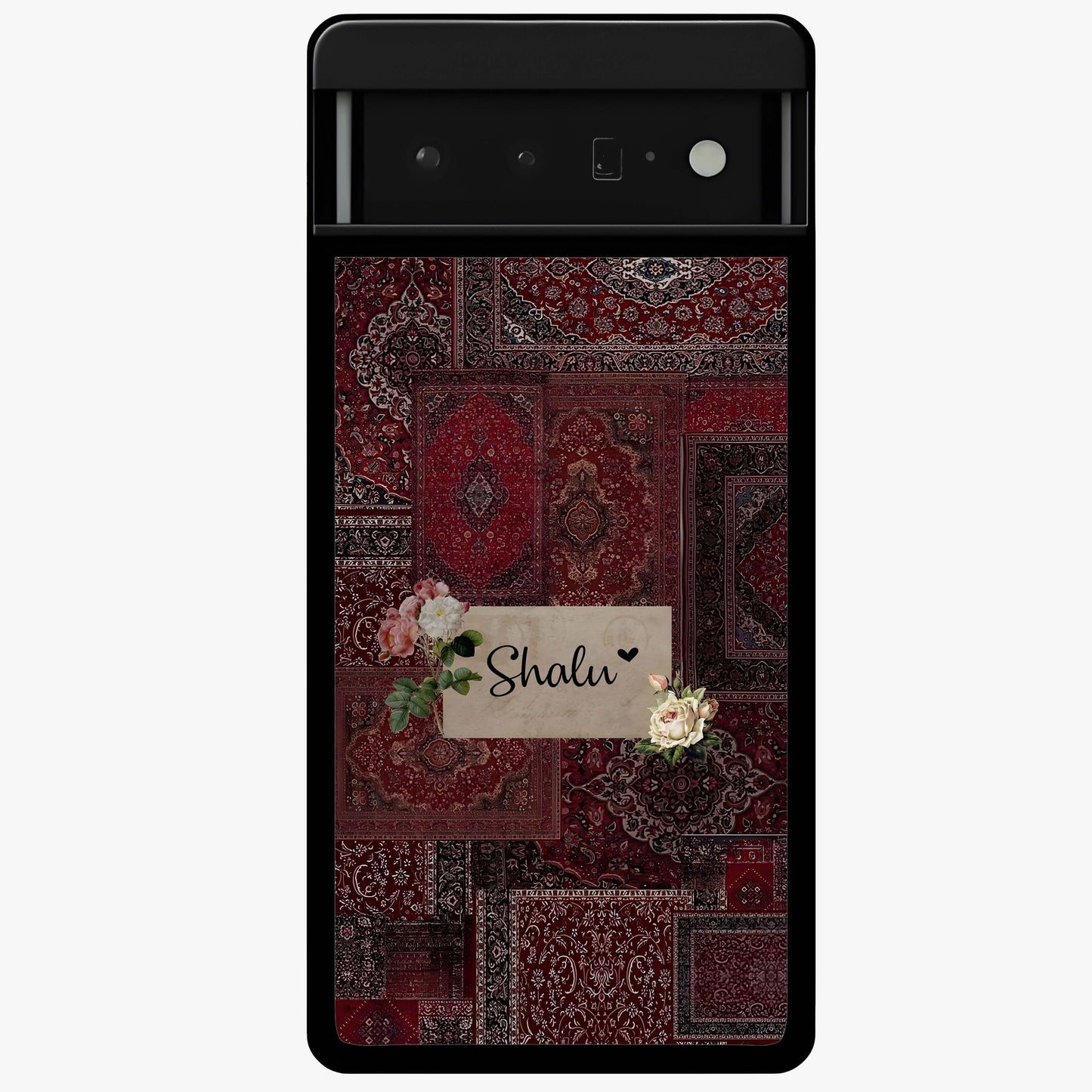 Velvet Wine Pattern Custom Name Glass Case showing flat back view with elegant wine colored pattern artwork and personalized name design.