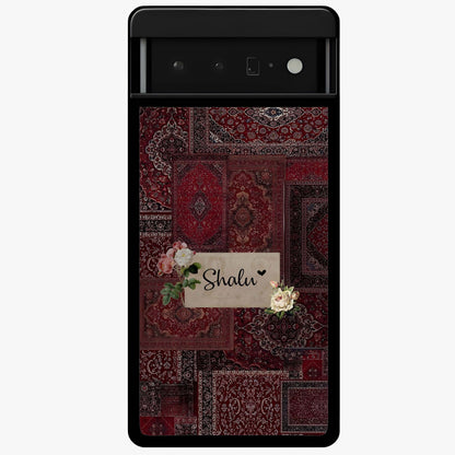 Velvet Wine Pattern Custom Name Glass Case showing flat back view with elegant wine colored pattern artwork and personalized name design.