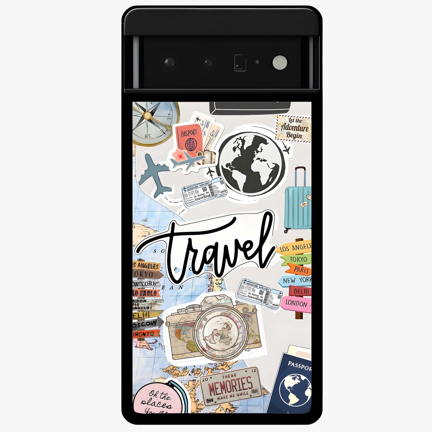 Wanderlust Journal Glass Case showing flat back view with travel inspired artwork and glossy glass finish.