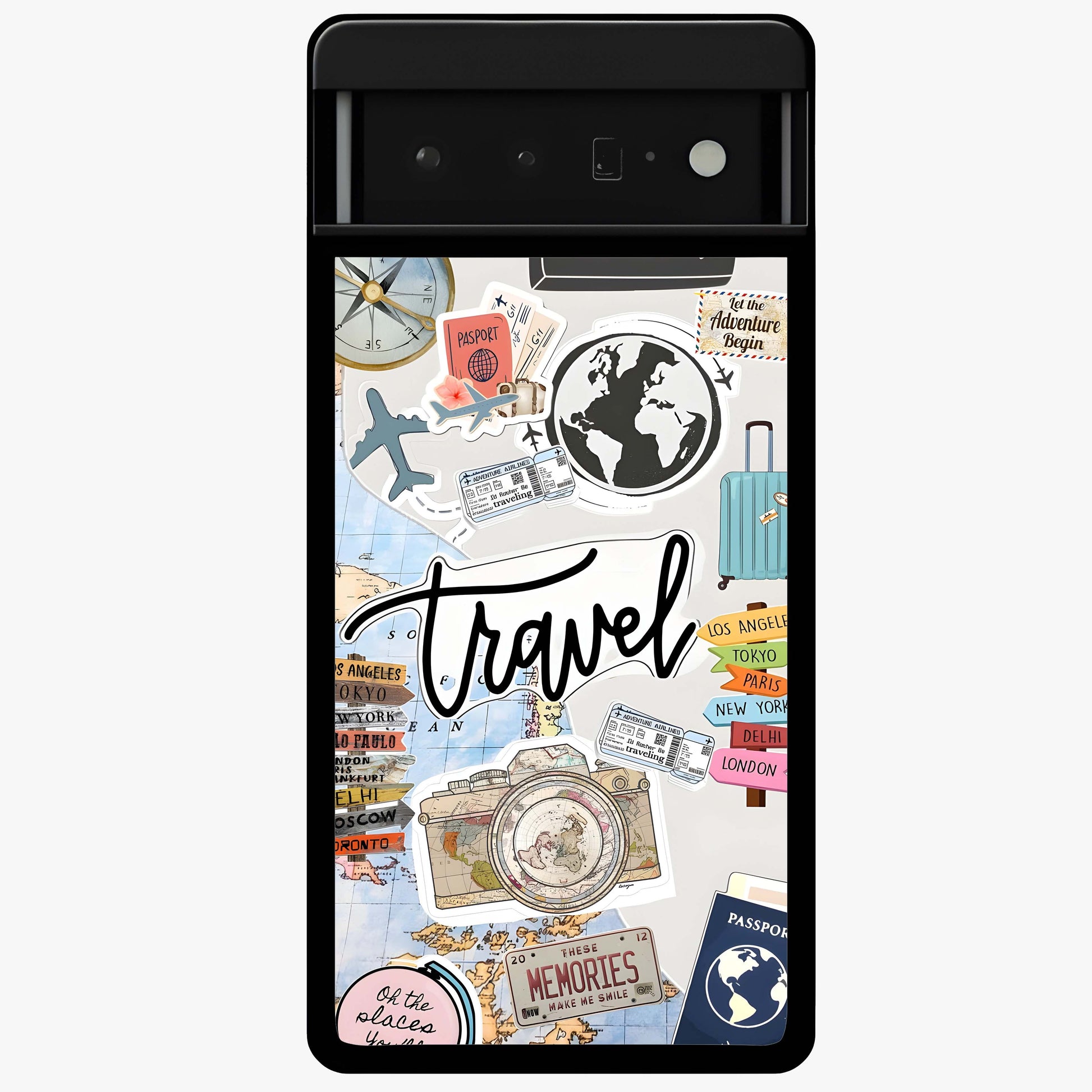 Wanderlust Journal Glass Case showing flat back view with travel inspired artwork and glossy glass finish.