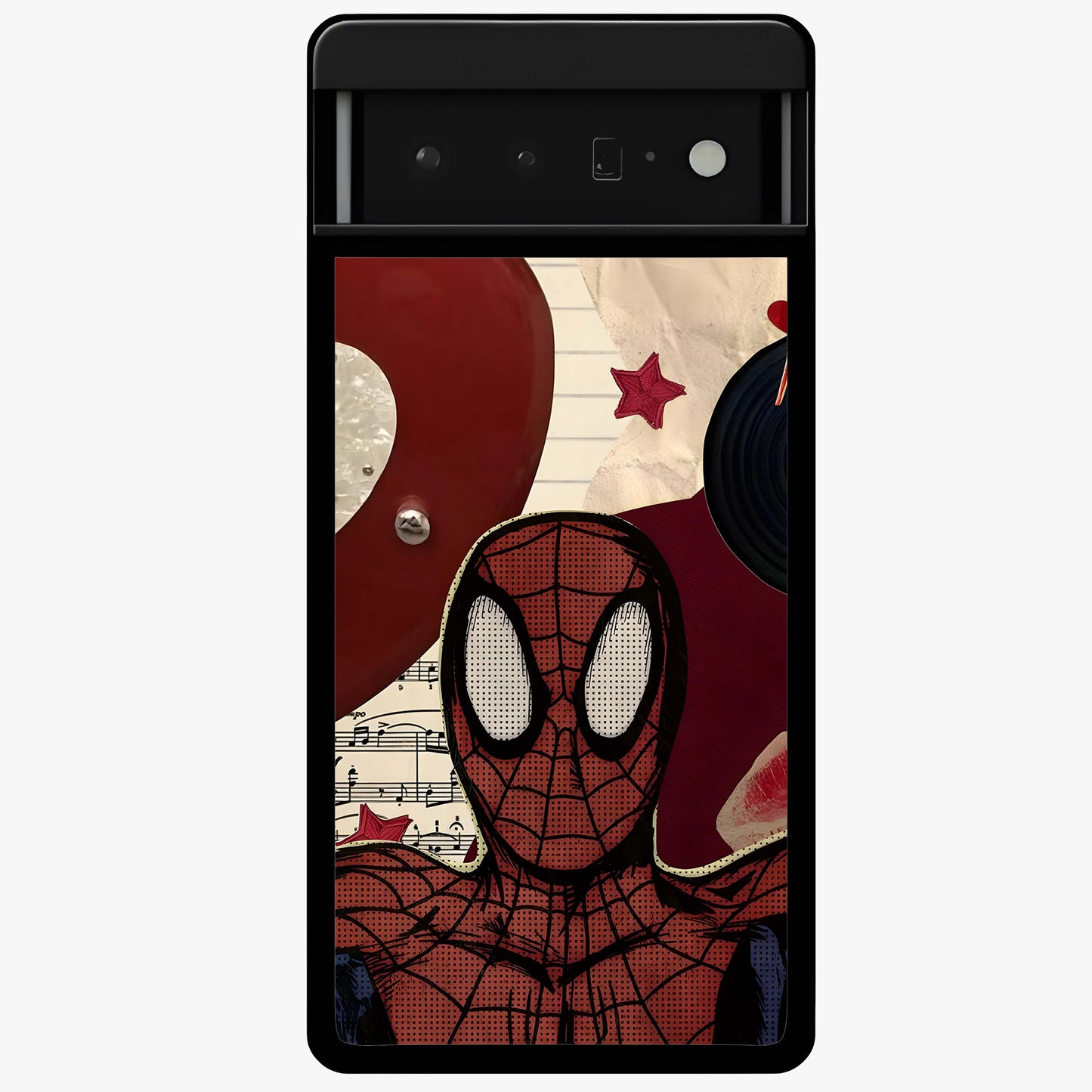Web Warrior Vibes Glass Case showing flat back view with superhero inspired web themed artwork and glossy glass finish.