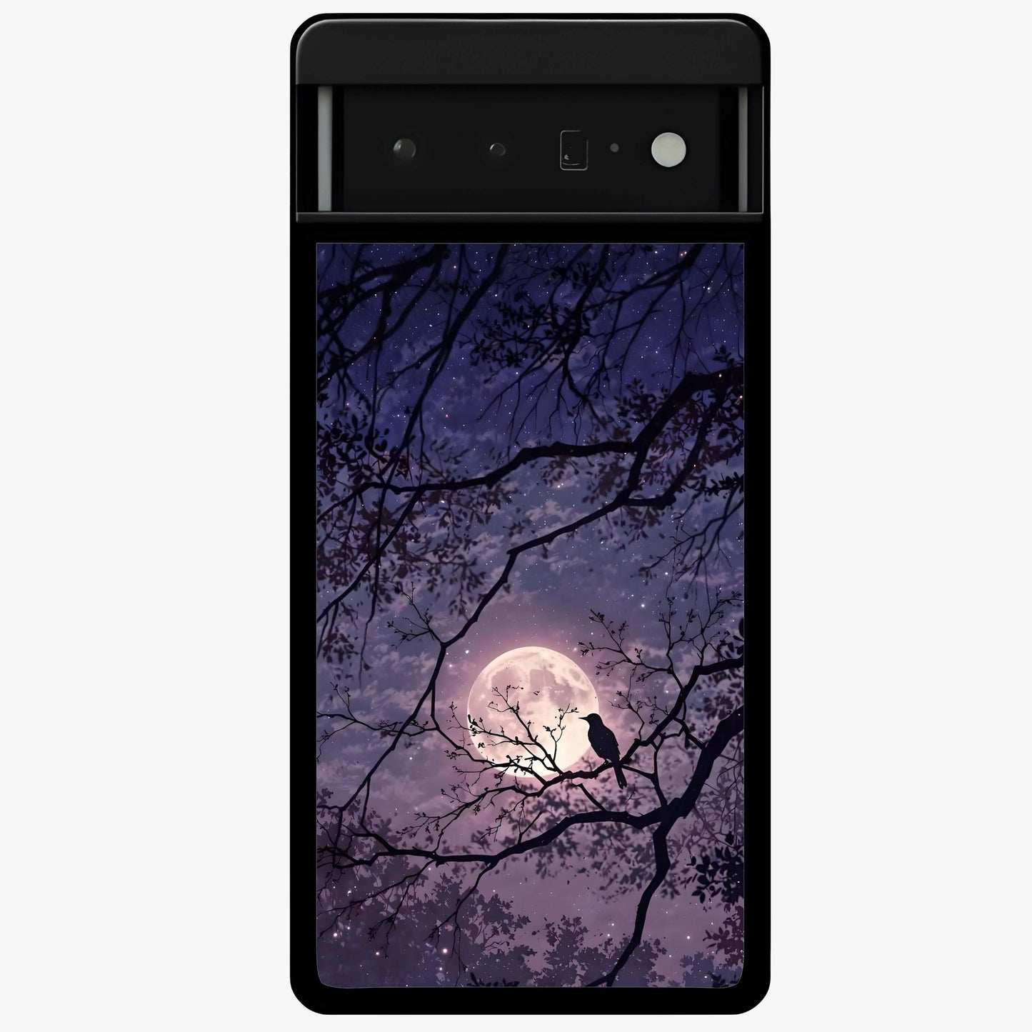Whispering Moon Silence Glass Case showing flat back view with serene moon themed artwork and glossy glass finish.