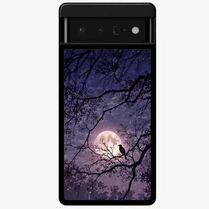 Whispering Moon Silence Glass Case showing flat back view with serene moon themed artwork and glossy glass finish.