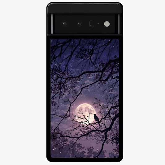 Whispering Moon Silence Glass Case showing flat back view with serene moon themed artwork and glossy glass finish.