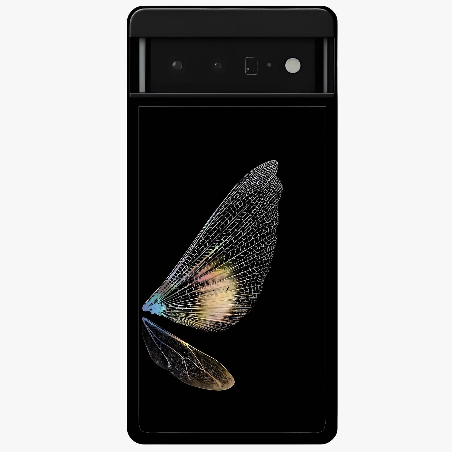 Whispers Of Wings Glass Case showing flat back view with graceful wing inspired artwork and glossy glass finish.