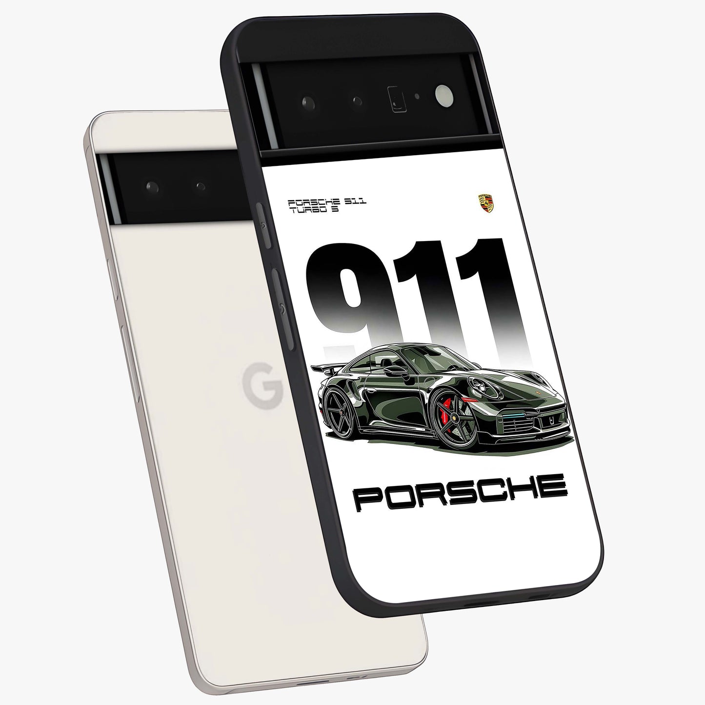 911 Turbo Dominance Glass Case displayed in premium angled mockup highlighting sporty car illustration and sleek glass surface.