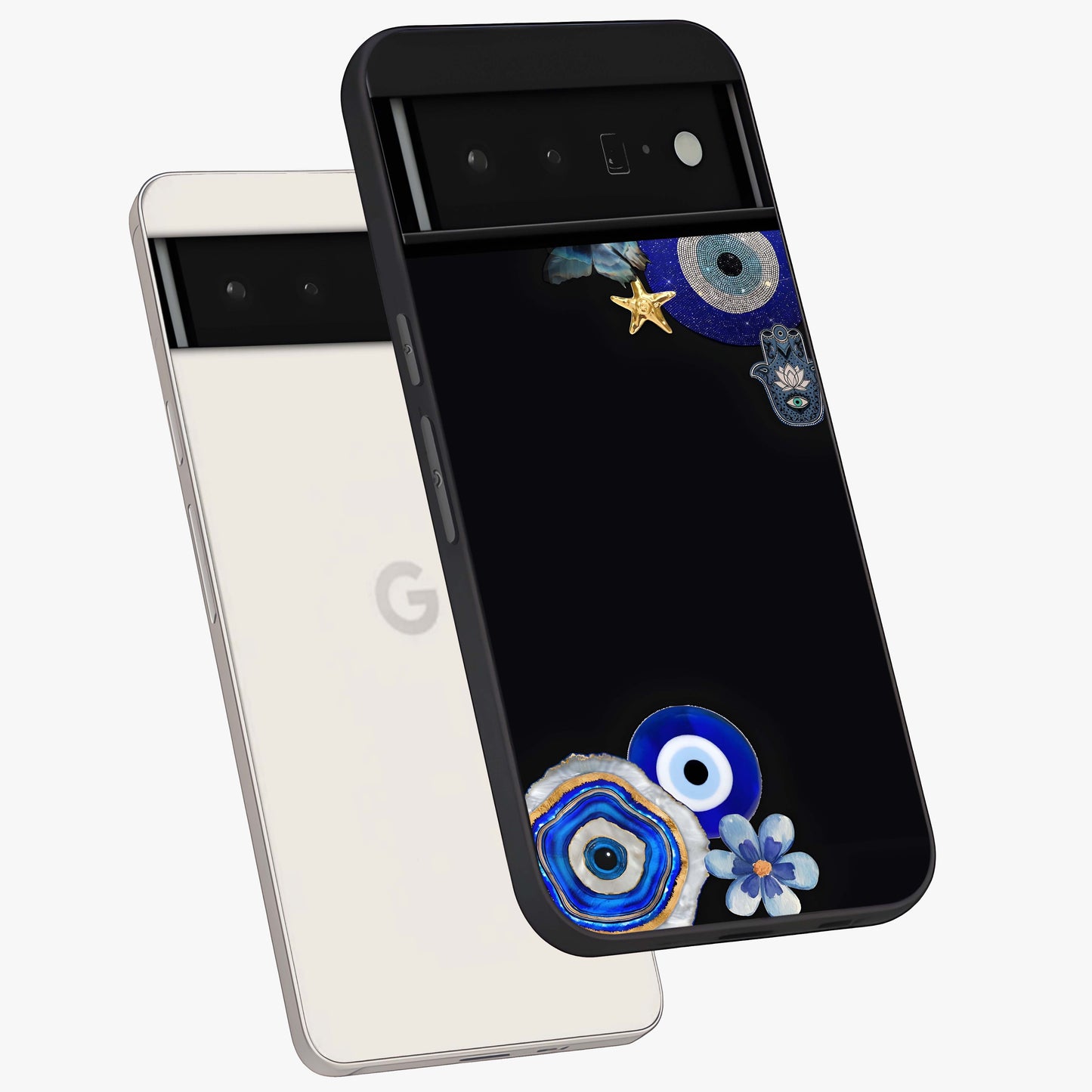 Aesthetic Blue Evil Eye Glass Case displayed in angled mockup highlighting blue evil eye symbol and spiritual aesthetic design.