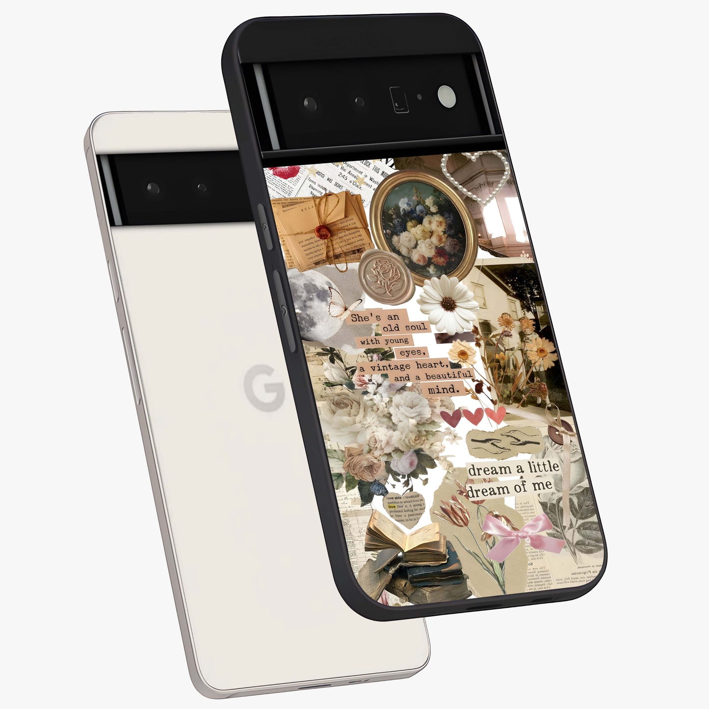 Aesthetic Brown Vintage Collage Glass Case displayed in angled mockup highlighting vintage aesthetic collage design.