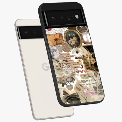 Aesthetic Brown Vintage Collage Glass Case displayed in angled mockup highlighting vintage aesthetic collage design.