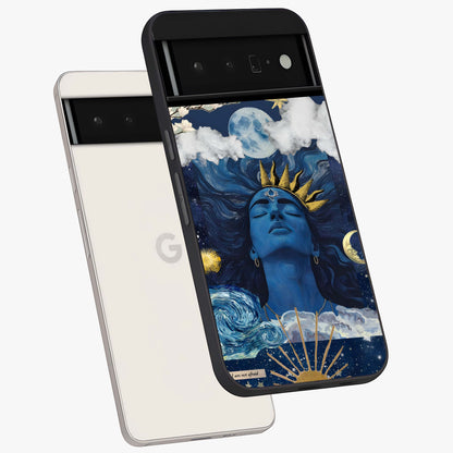 Aesthetic Lord Shiva Glass Case displayed in angled mockup highlighting spiritual Shiva illustration and sacred aesthetic design.