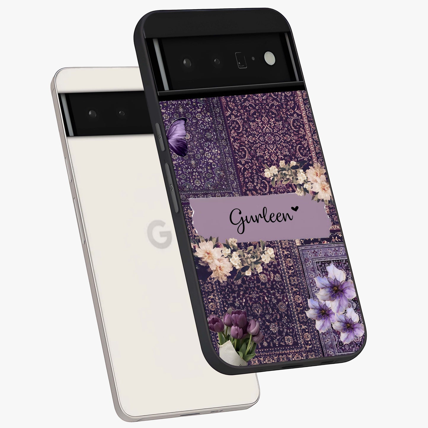 Antique Floral Whisper Custom Name Glass Case displayed in angled mockup highlighting elegant antique floral aesthetic.