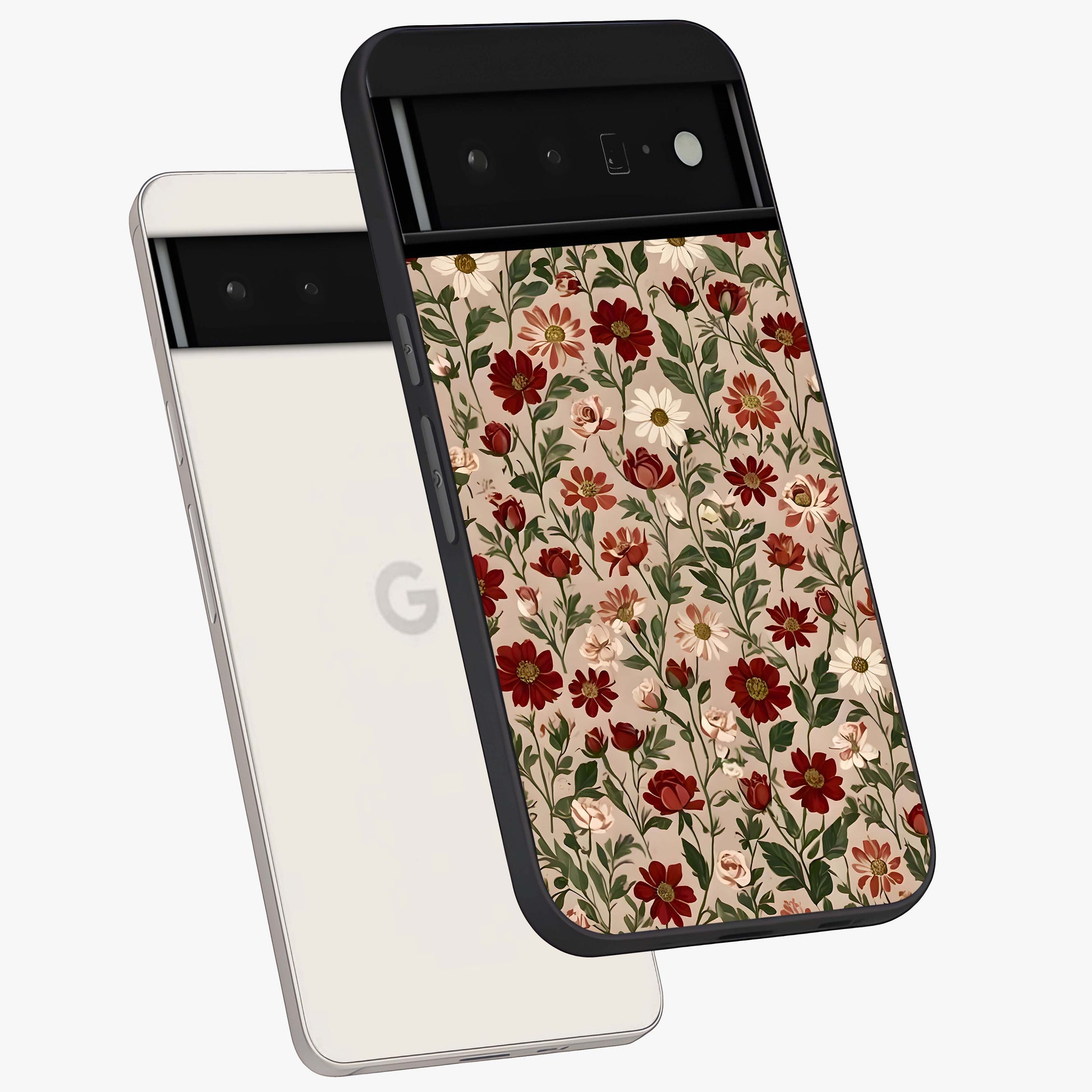 Biege Flower With Leaf Glass Case displayed in angled mockup highlighting minimal floral leaf design and elegant aesthetic.