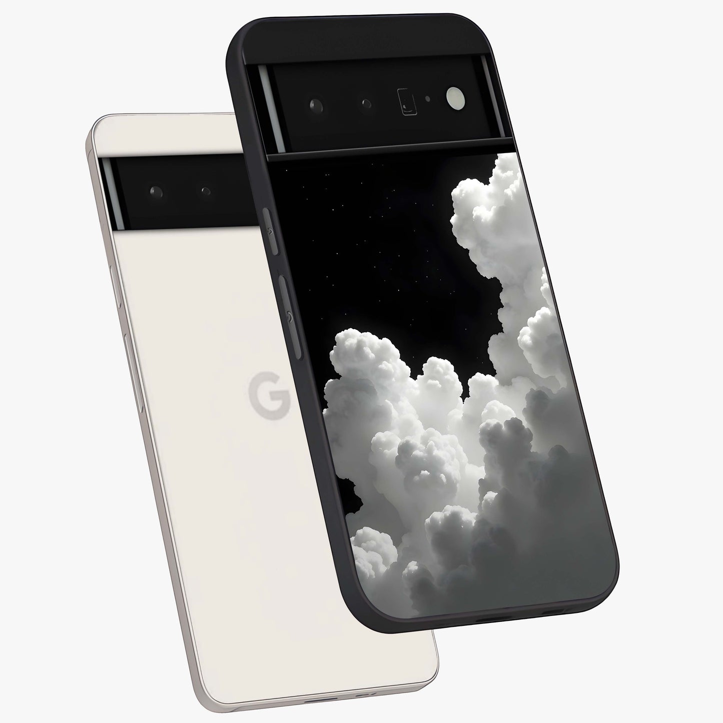 Black Background With White Cloud Glass Case displayed in angled mockup highlighting soft white cloud illustration and minimal design.