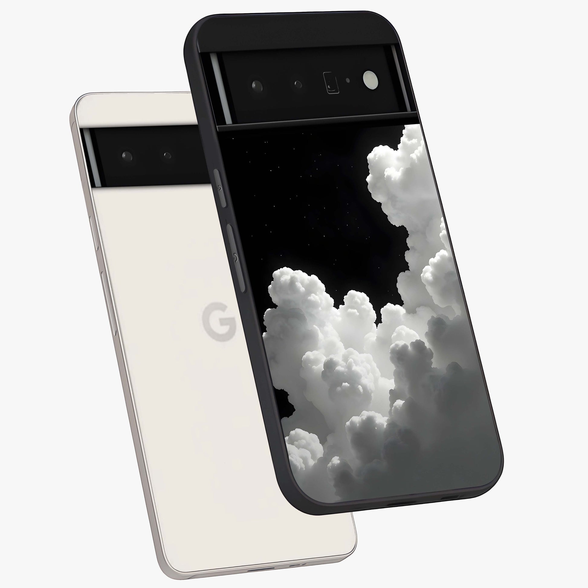 Black Background With White Cloud Glass Case displayed in angled mockup highlighting soft white cloud illustration and minimal design.