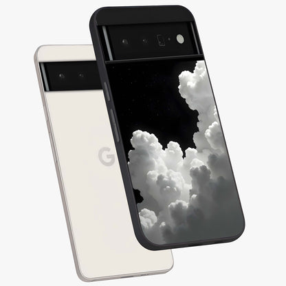 Black Background With White Cloud Glass Case displayed in angled mockup highlighting soft white cloud illustration and minimal design.