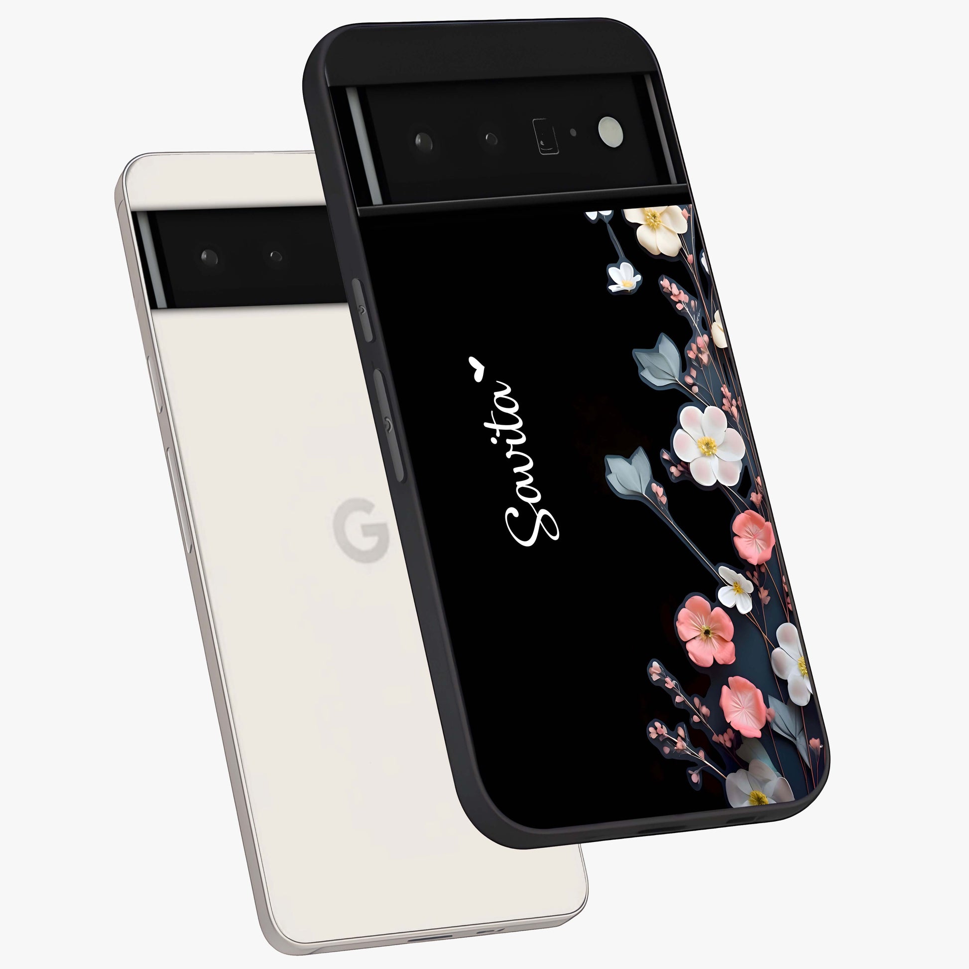 Black Elegance Floral Custom Name Glass Case displayed in angled mockup highlighting dark floral aesthetic and custom name feature.