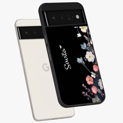 Black Elegance Floral Custom Name Glass Case displayed in angled mockup highlighting dark floral aesthetic and custom name feature.