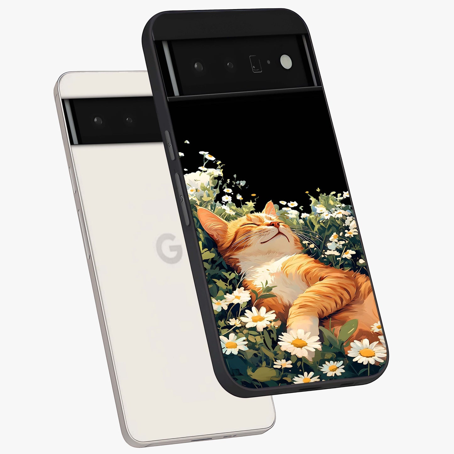Blissful Bloom Cat Glass Case displayed in angled mockup highlighting playful feline illustration with soft floral aesthetic.