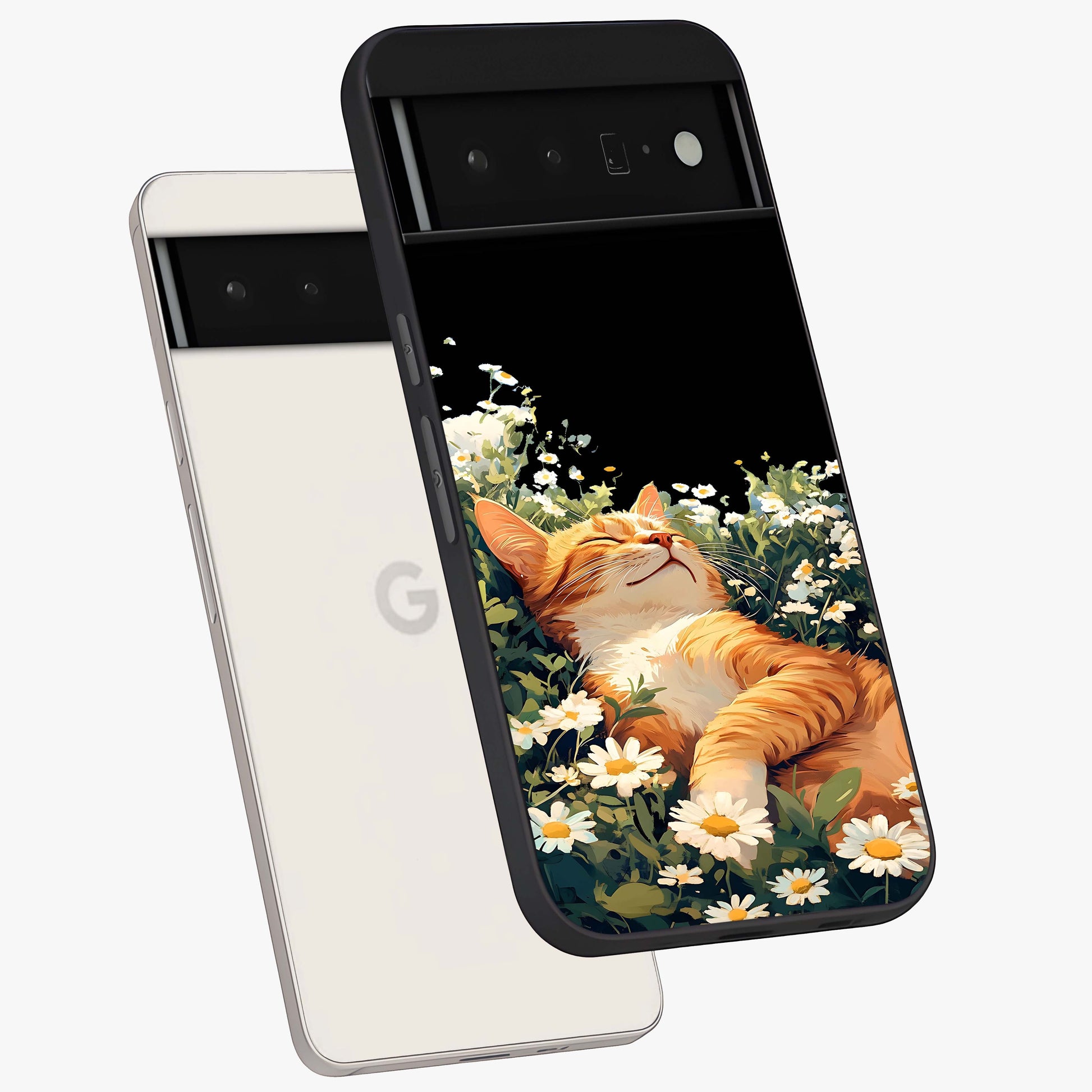 Blissful Bloom Cat Glass Case displayed in angled mockup highlighting playful feline illustration with soft floral aesthetic.