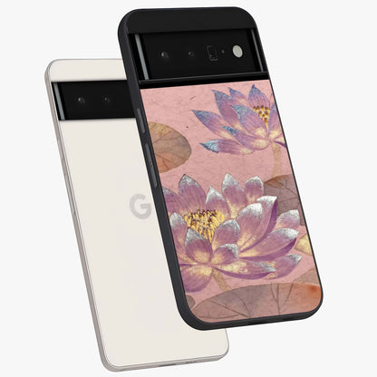 Blossom Mist Lotus Glass Case displayed in angled mockup highlighting delicate lotus illustration with calm aesthetic theme.