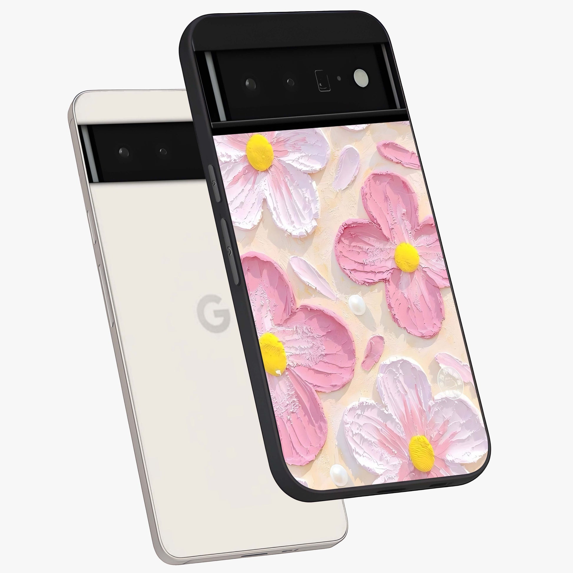 Blush Bloom Texture Glass Case displayed in angled mockup highlighting subtle bloom pattern with aesthetic pastel design.