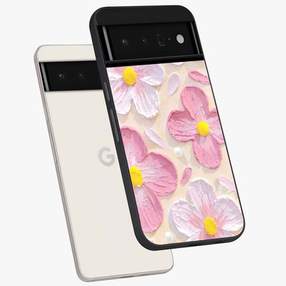 Blush Bloom Texture Glass Case displayed in angled mockup highlighting subtle bloom pattern with aesthetic pastel design.