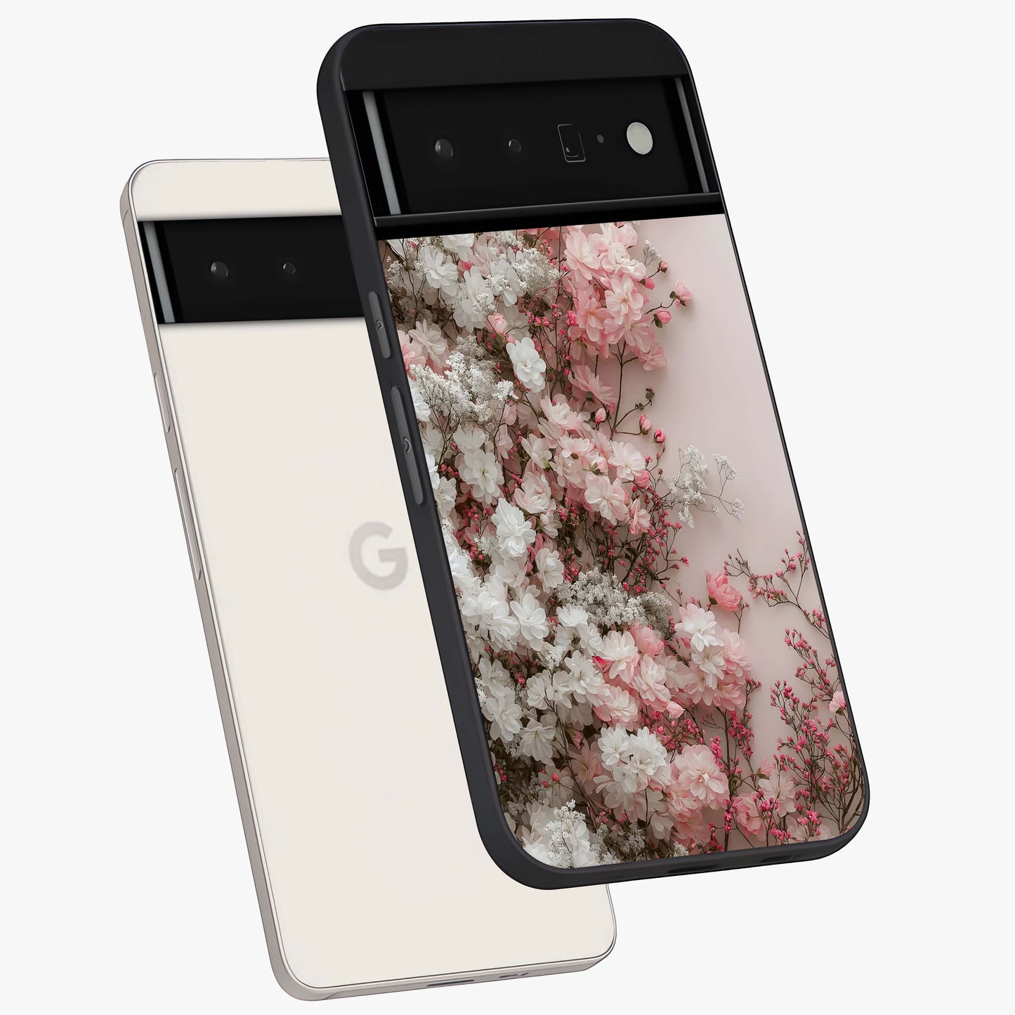 Blush Blossom Cloud Glass Case displayed in angled mockup highlighting soft cloud and blossom design with pastel aesthetic.
