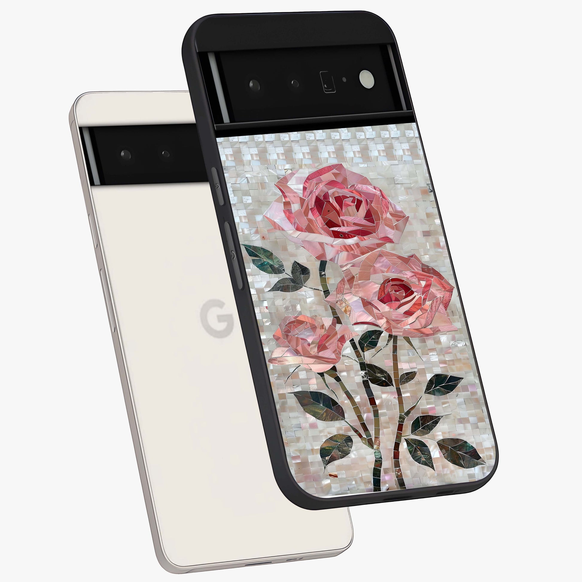 Blush Mosaic Bloom Glass Case displayed in angled mockup highlighting artistic mosaic flower pattern with aesthetic design.