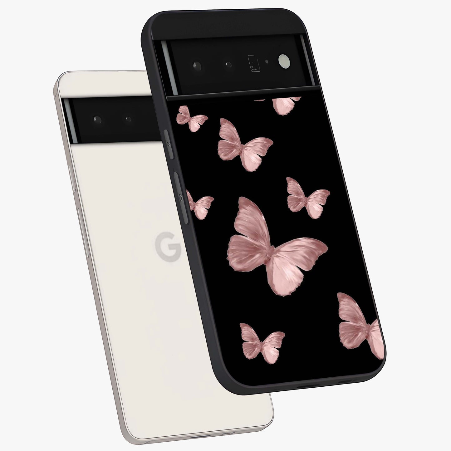 Butterfly Pattern Glass Case displayed in angled mockup highlighting delicate butterfly design and aesthetic pattern style.