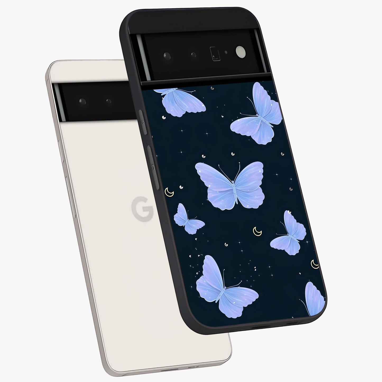 Butterfly With Stars Pattern Glass Case displayed in angled mockup highlighting dreamy butterfly and star design with aesthetic theme.