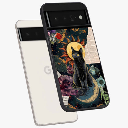 Celestial Black Cat Glass Case displayed in angled mockup highlighting cosmic black cat design with celestial aesthetic.