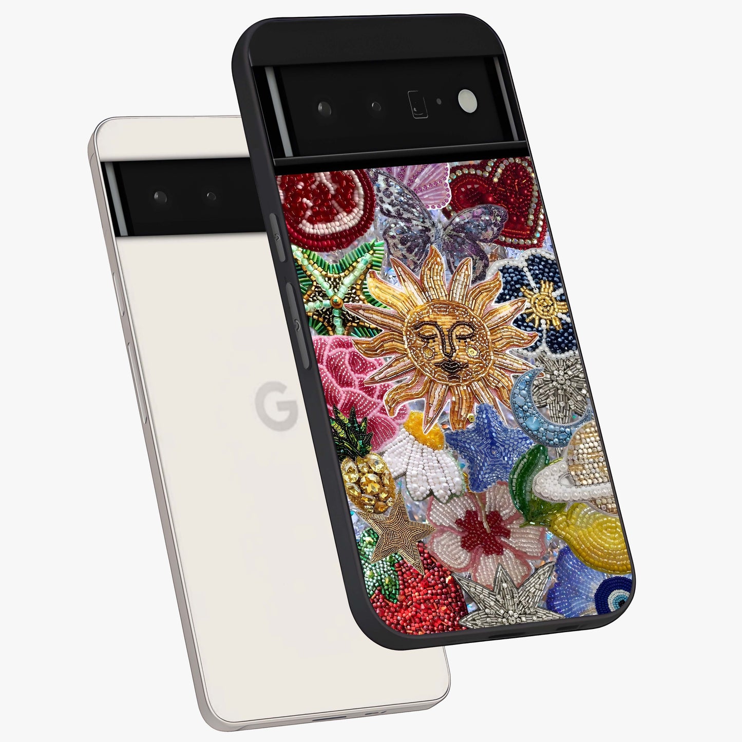 Celestial Floral and Playful Glass Case displayed in angled mockup highlighting playful floral design with dreamy celestial elements.