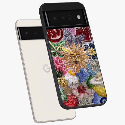 Celestial Floral and Playful Glass Case displayed in angled mockup highlighting playful floral design with dreamy celestial elements.